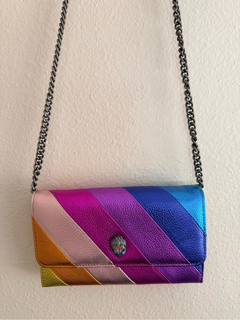 Kurt Geiger Multistripe Leather Chain Crossbody — Pink Purple Blue Metallic